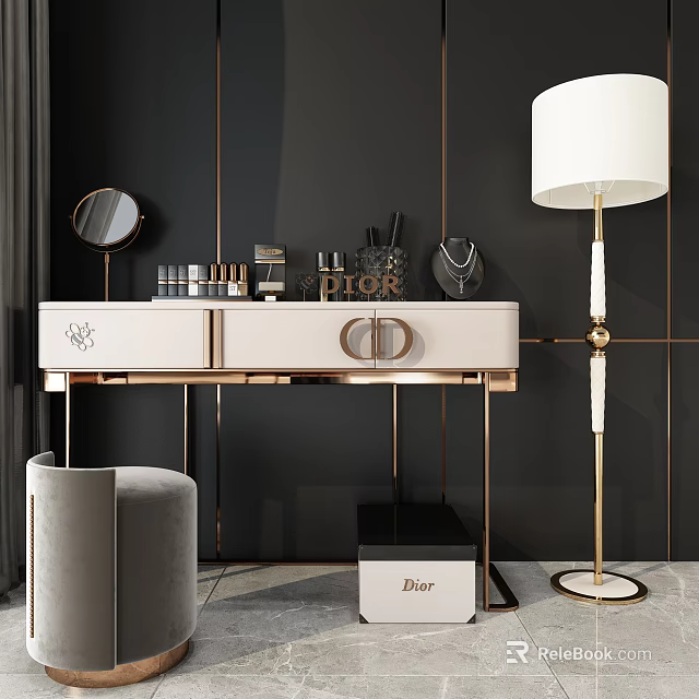 Modern White Dressing Table With Gold Frame Cosmetics Round Mirror And Grey Stool 3d model 