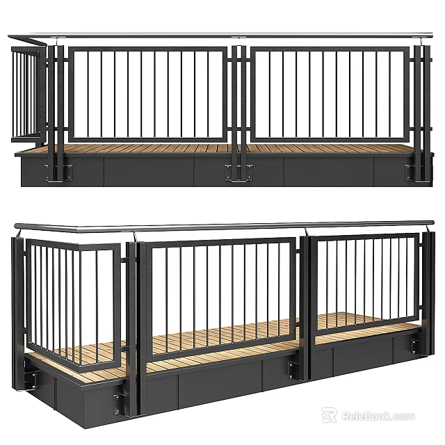 Modern Outdoor Railing Design With Black Metal Rails And Wooden Deck 3d model 