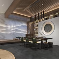 New Chinese Style Clubhouse Interior With Tea Table Staircase Bookshelves Circular Decoration And Wooden Elements
