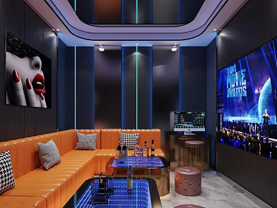 Modern KTV Room Interior With Orange Sofas And Neon Lights 3d model