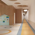 Cheerful Kindergarten Interior With Wooden Walls Circular Ceiling And Colorful Circular Floor Patterns