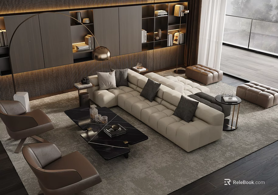 Modern Living Room Interior With Beige Sofa Black Coffee Table And Brown Armchairs 3d model 
