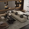Modern Living Room Interior With Beige Sofa Black Coffee Table And Brown Armchairs