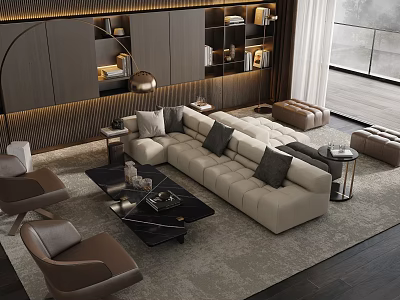 Modern Living Room Interior With Beige Sofa Black Coffee Table And Brown Armchairs 3d model