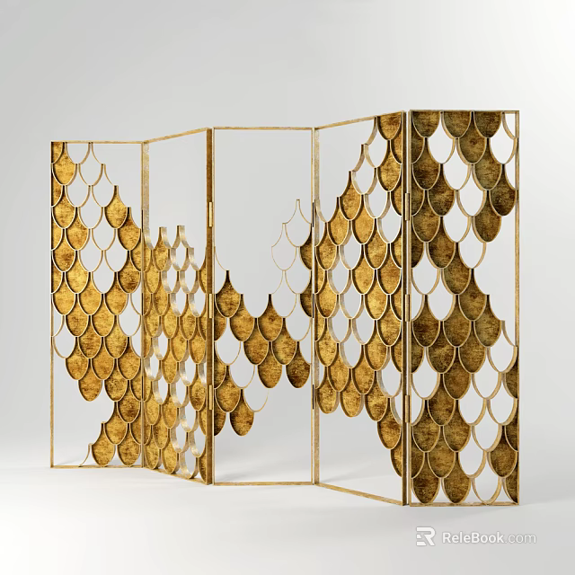 Elegant Modern Room Divider Screen With Golden Scale Pattern And Metal Frame 3d model