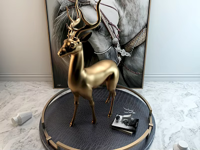 Elegant Decorative Ornament Combination With Golden Deer Figurine Circular Tray And Marble Floor 3d model