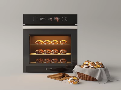 Electric Oven With Baked Bread Inside And Basket Of Bread On Counter 3d model