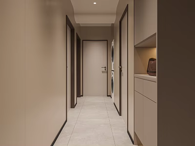 Modern Minimalist Elevator Hallway Interior With Light Colored Walls Tile Flooring And Storage Cabinets 3d model
