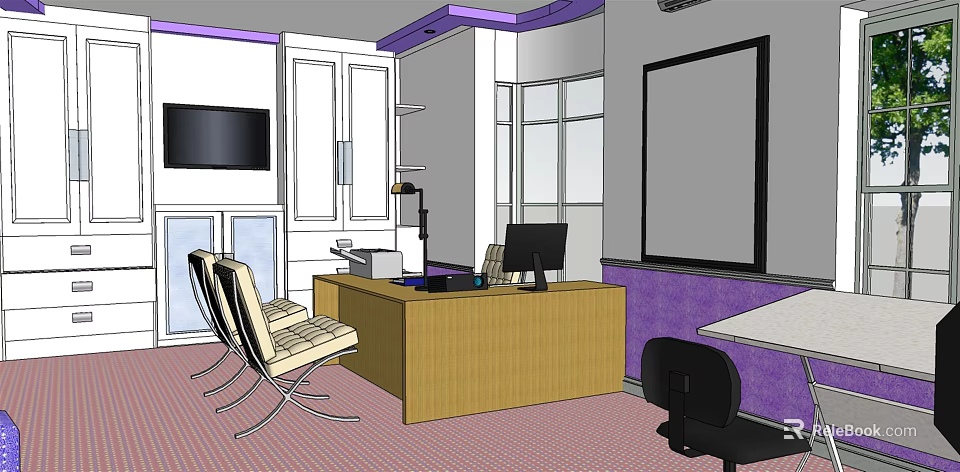 Modern Office Interior Design With Wooden Desk Computer Chairs TV Windows And Purple Walls 3d model 