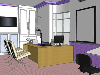 Modern Office Interior Design With Wooden Desk Computer Chairs TV Windows And Purple Walls 3d model