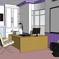 Modern Office Interior Design With Wooden Desk Computer Chairs TV Windows And Purple Walls
