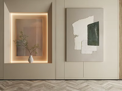 Abstract Painting On Neutral Wall With Lighted Niche Vase And Greenery Herringbone Floor 3d model
