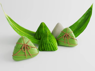 Traditional Chinese Zongzi Wrapped in Green Leaves with Decorative Leaf Accents 3d model