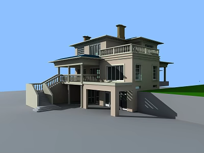 Modern Two Story Detached Villa With Balcony Chimney And Stairs Design 3d model
