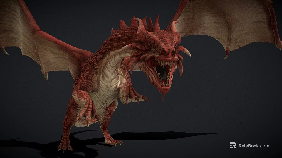 Red Dragon Game And Movie Character With Large Wings Open Mouth Fierce Posture 3d model 