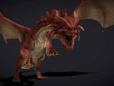Red Dragon Game And Movie Character With Large Wings Open Mouth Fierce Posture 3d model