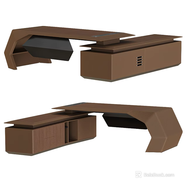 Modern Brown Modular Desk With Geometric Design And Storage Compartments 3d model 