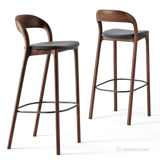 Modern Wooden Bar Stools With Curved Backrest Gray Padded Seats And Metal Footrest 3d model 