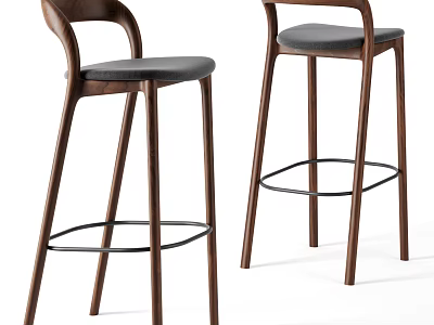 Modern Wooden Bar Stools With Curved Backrest Gray Padded Seats And Metal Footrest 3d model