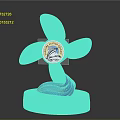 Artistic Propeller Shaped Sculpture With Three Blades Central Emblem Blue Wave Base And Black Pedestal