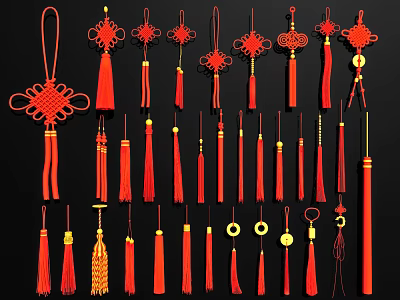 Red Chinese Knot Ornament with Tassels and Gold Accents Traditional Design 3d model
