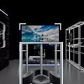 5G Tech Exhibition Booth With Hexagonal Design White Frame Gray Seats And Digital Data Wall 3d model