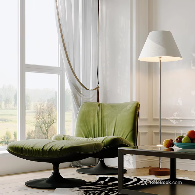 Stylish Green Single Sofa With Floor Lamp Side Table And Fruits By Window Curtains 3d model 