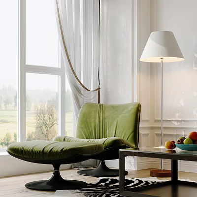 Stylish Green Single Sofa With Floor Lamp Side Table And Fruits By Window Curtains 3d model