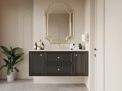 Dark Modern Bathroom Vanity With Golden Framed Mirror Light Colored Wall And Green Plant 3d model