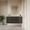 Dark Modern Bathroom Vanity With Golden Framed Mirror Light Colored Wall And Green Plant