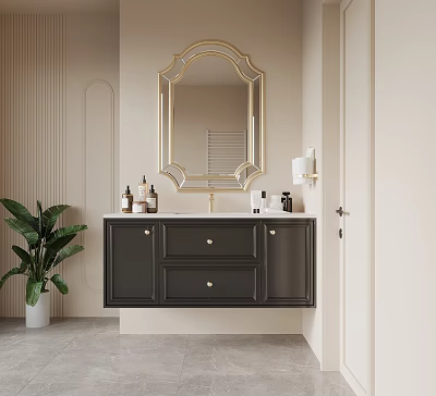 Dark Modern Bathroom Vanity With Golden Framed Mirror Light Colored Wall And Green Plant 3d model