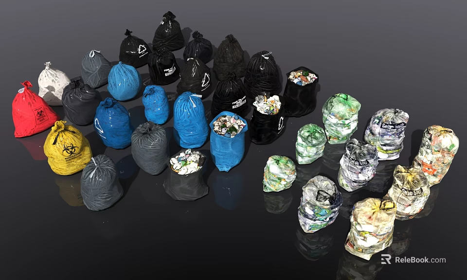 Colorful Disposable Trash Bags For Household Use Filled With Various Waste Materials 3d model 