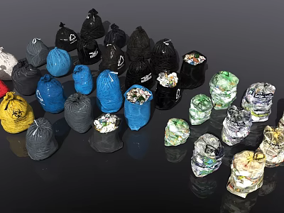 Colorful Disposable Trash Bags For Household Use Filled With Various Waste Materials 3d model
