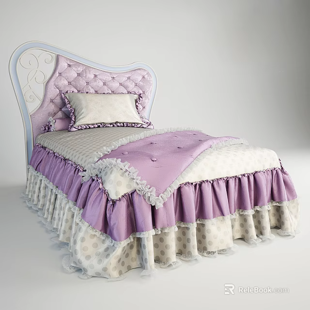 Single Bed with Tufted Headboard Purple and White Bed Skirt Lace Polka Dot Details 3d model 