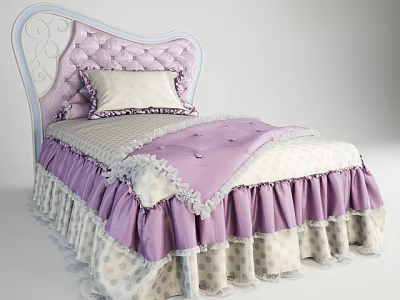 Single Bed with Tufted Headboard Purple and White Bed Skirt Lace Polka Dot Details 3d model