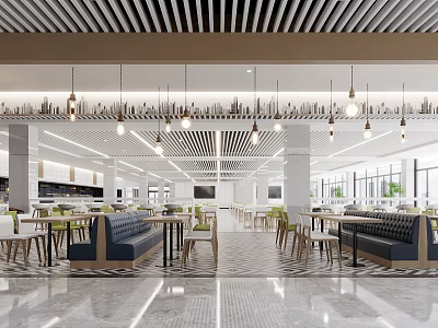 Modern Open Cafeteria Interior With Long Dining Tables And Pendant Lights 3d model