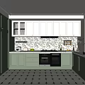 Green And White Kitchen Interior With Patterned Tile Backsplash Black And White Tiled Floor 3d model