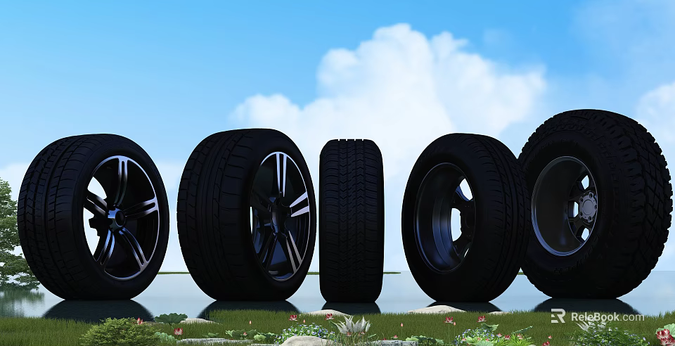 Different Car Tires With Rims Displayed Outdoors On Green Grass Under Blue Sky 3d model 