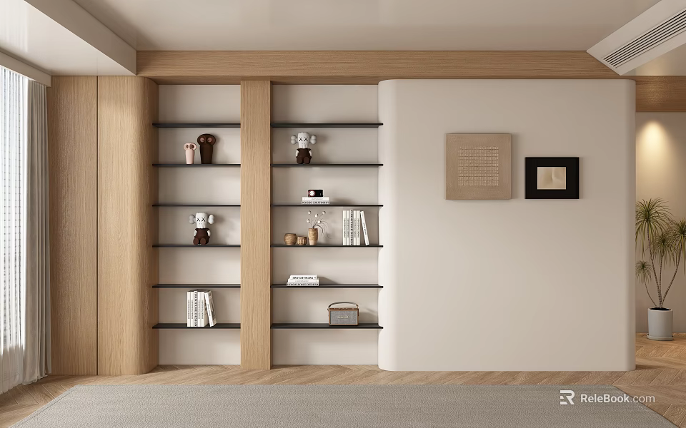 Modern Sofa Background Wall with Wooden Bookshelves Decorative Items and Framed Artworks 3d model 