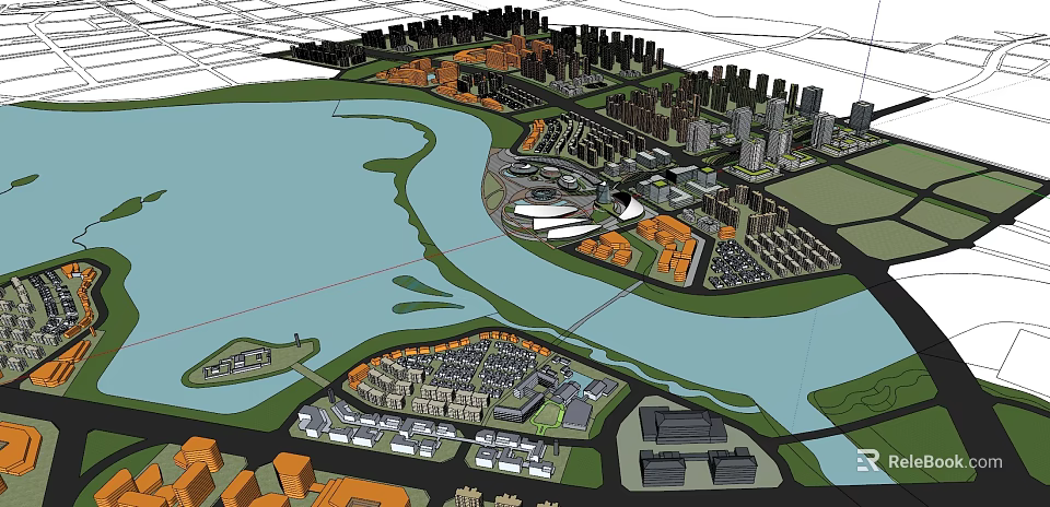 Urban Commercial Landscape With Riverside Buildings Green Spaces And Modern Architecture 3d model 