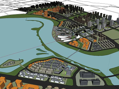Urban Commercial Landscape With Riverside Buildings Green Spaces And Modern Architecture 3d model