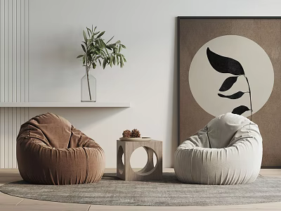 Modern Brown Cream Bean Bag Chairs with Small Table Green Plant and Wall Art 3d model