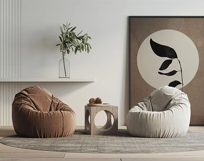 Modern Brown Cream Bean Bag Chairs with Small Table Green Plant and Wall Art 3d model