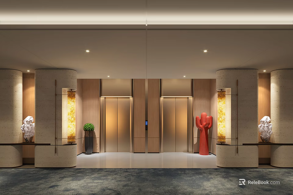 Elegant Modern Hotel Elevator Lobby Interior With Wooden Paneling Elevator Doors Sculptures And Green Plants 3d model 