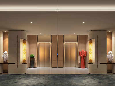 Elegant Modern Hotel Elevator Lobby Interior With Wooden Paneling Elevator Doors Sculptures And Green Plants 3d model