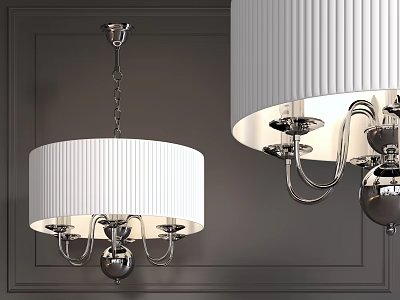 Modern Chandelier with Pleated White Shade and Silver Metal Frame Against Dark Wall 3d model