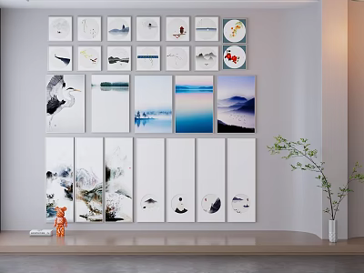 Multiple Landscape Paintings Hanging On Wall With Mountain And Water Scenes 3d model