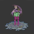 Magical Scene With Ancient Book On Pedestal Floating Papers Purple Aura And Broken Stone Floor