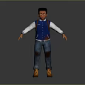 3D Human Boy Character Wearing Blue Vest White Long Sleeve Blue Jeans Yellow Boots Backpack
