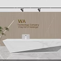 Modern Office Background Wall with Wooden Geometric Design Company Logo Lighting and White Marble Desk